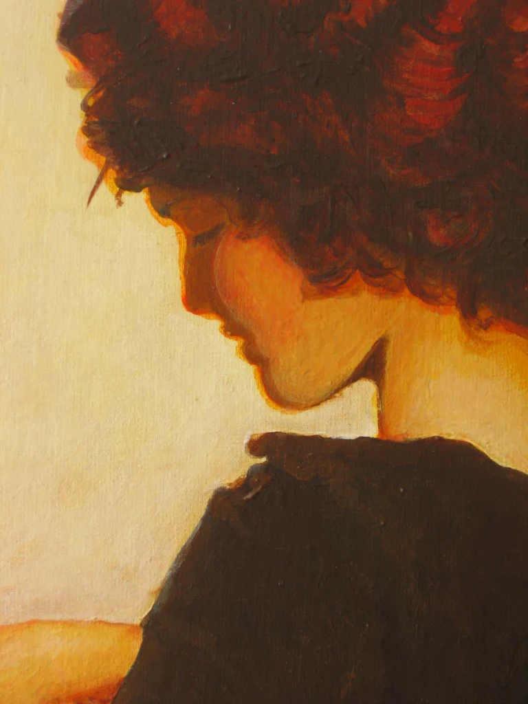 Painted amber-toned profile of a figure with curly hair