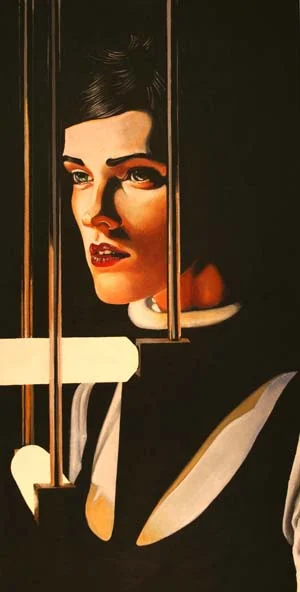 Painted portrait of a woman with red lips seen through vertical bars