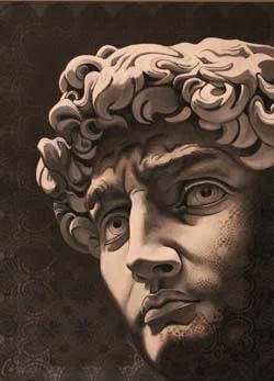 Grey-toned painting of the curly-haired head of Michelangelo’s David