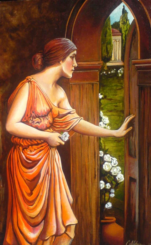 Painting of a woman in an orange dress opening a wooden door onto a garden