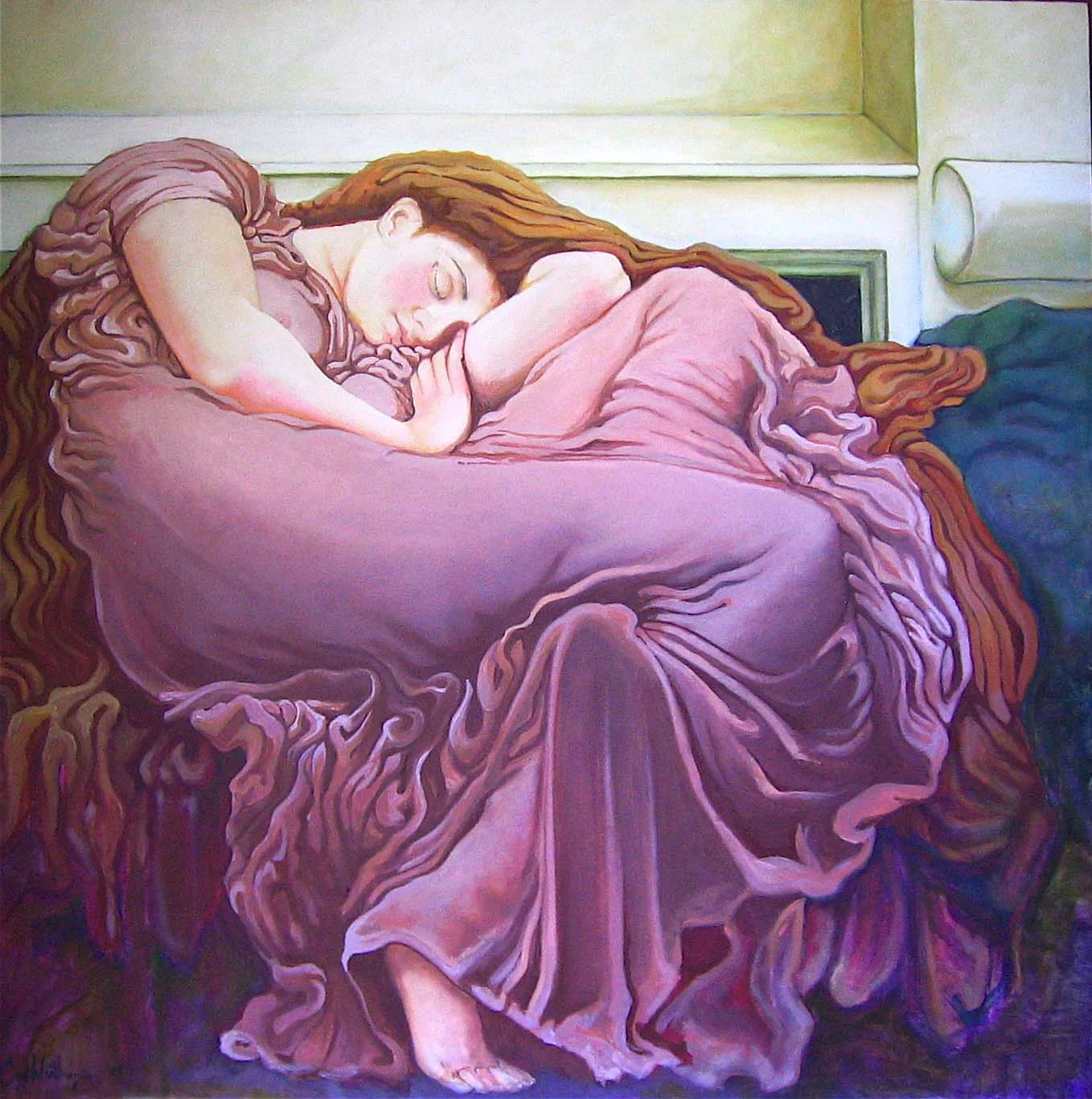 Painting of a sleeping woman in a purple-pink dress, after Leighton