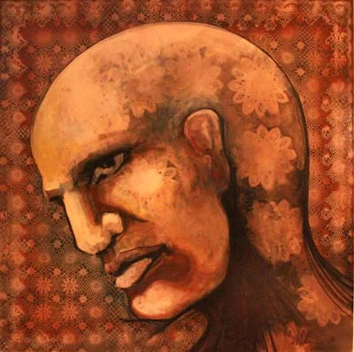 Mixed-media portrait of a golden head with floral pattern background