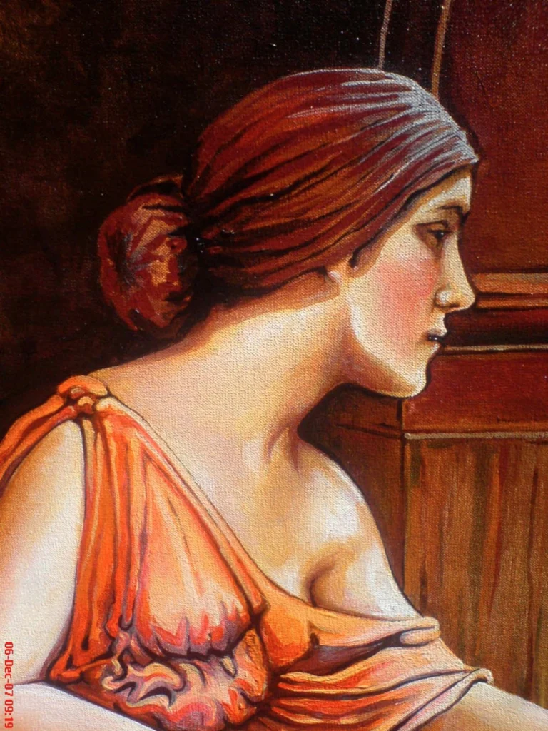 Painted side view of a woman in an orange dress with red hair