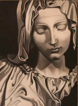 Monochrome painting of the veiled face of Michelangelo’s Pietà