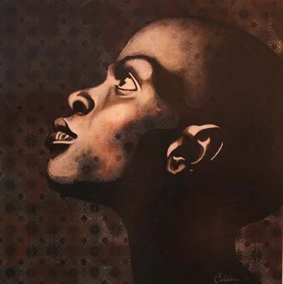Brown-toned painted profile portrait of a man looking upward