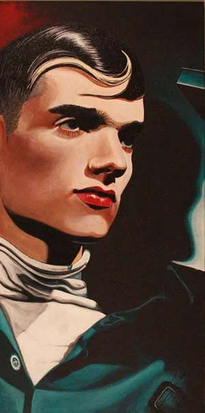 Close portrait painting of a face with red lips against a dark background