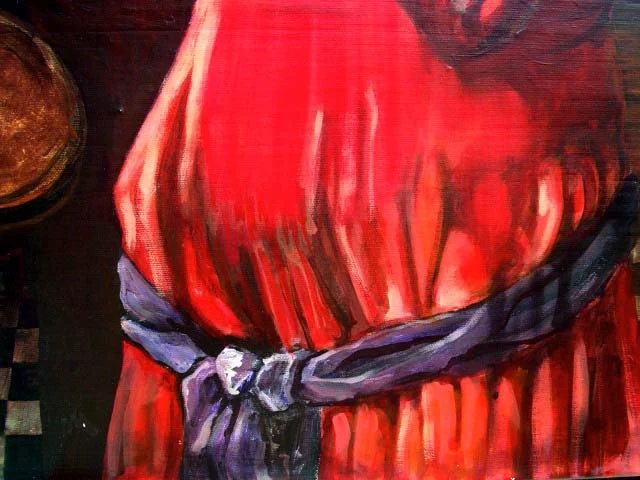 Detail painting of a red dress with a purple sash