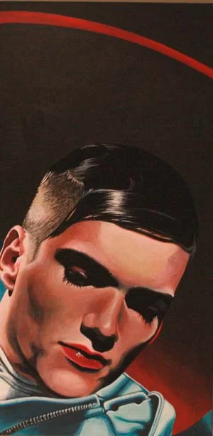 Close-up painting of a face with slicked-back dark hair