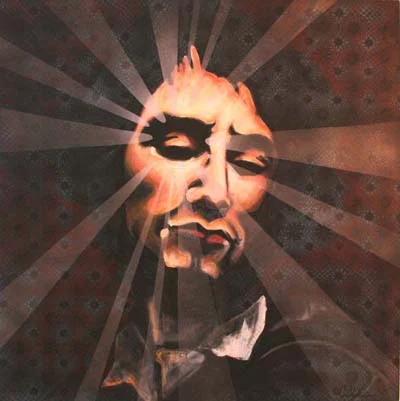 Graphic painting of a face with orange light rays radiating behind it