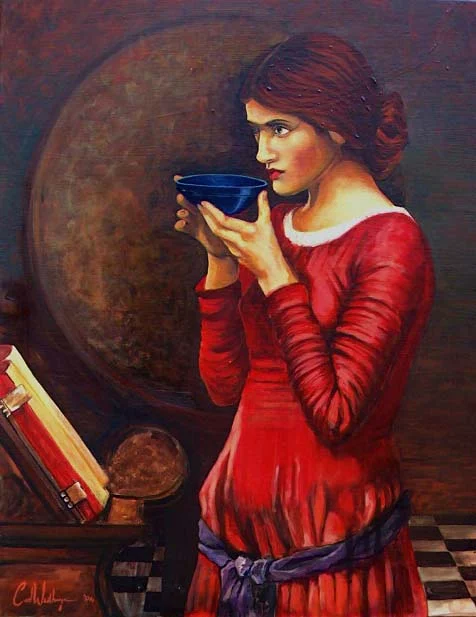 Painting of a woman in a red dress holding a blue bowl, after Waterhouse
