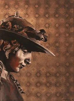 Painted profile of a figure in a wide-brimmed hat against a patterned brown wall