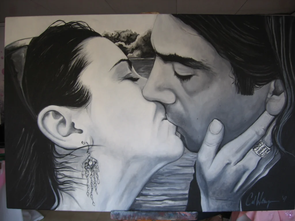 Black and white painting of a couple kissing