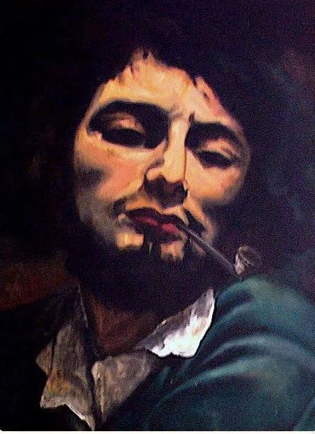 Portrait painting of a bearded man with a pipe, lit from the side in deep shadow