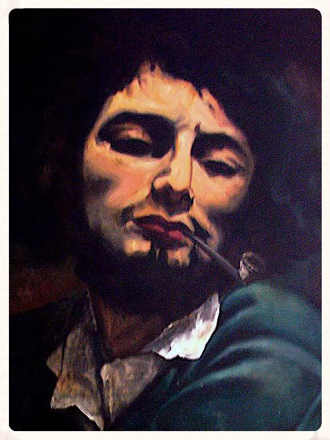 Portrait painting of a bearded man with a pipe, lit from the side in deep shadow
