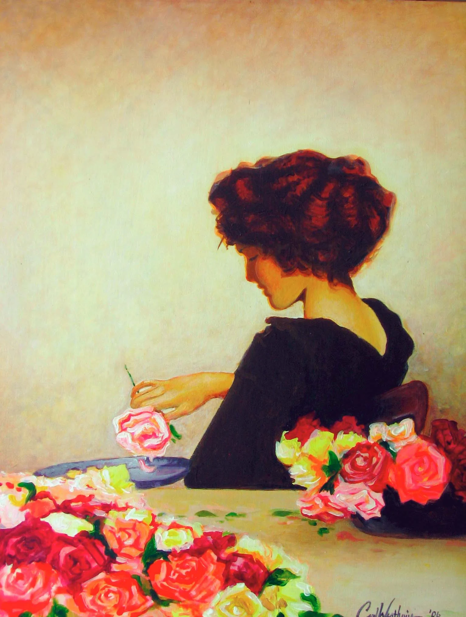 Painting of a woman with short red hair holding a rose over a bowl of flowers