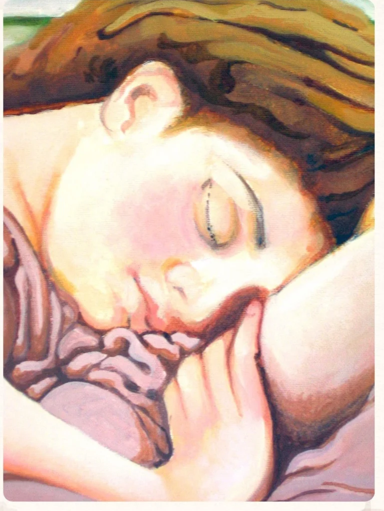 Painting of a sleeping face resting on an arm in warm pink tones
