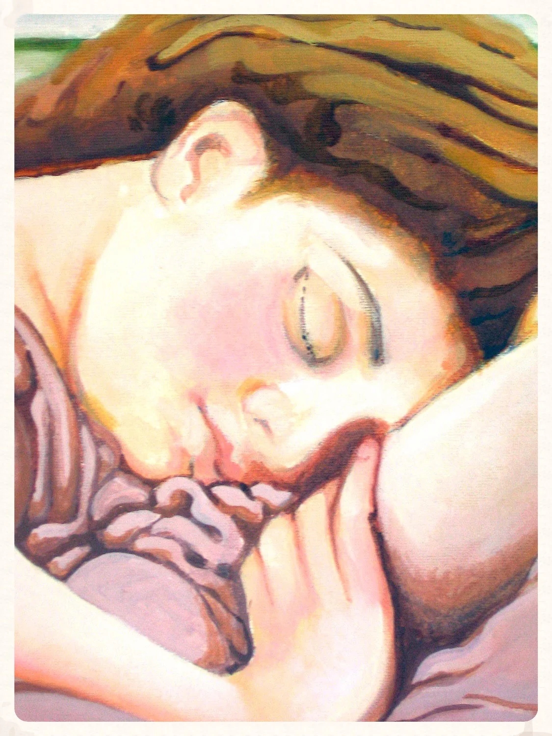 Painting of a sleeping face resting on an arm in warm pink tones