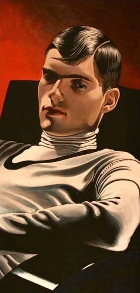 Painted portrait of a young man in a white turtleneck, light from the side