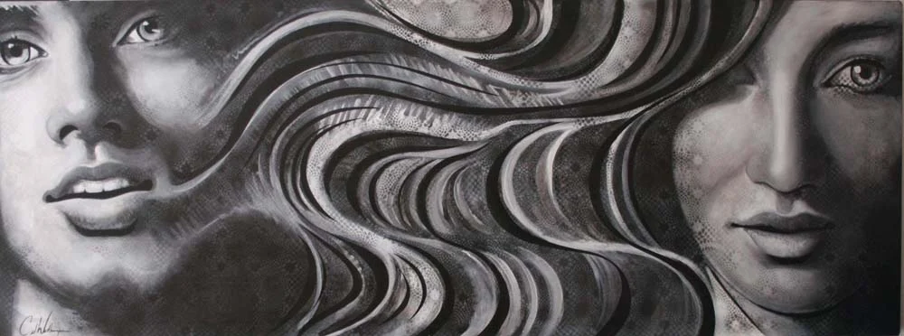 Abstract grey-black painting of flowing wave patterns
